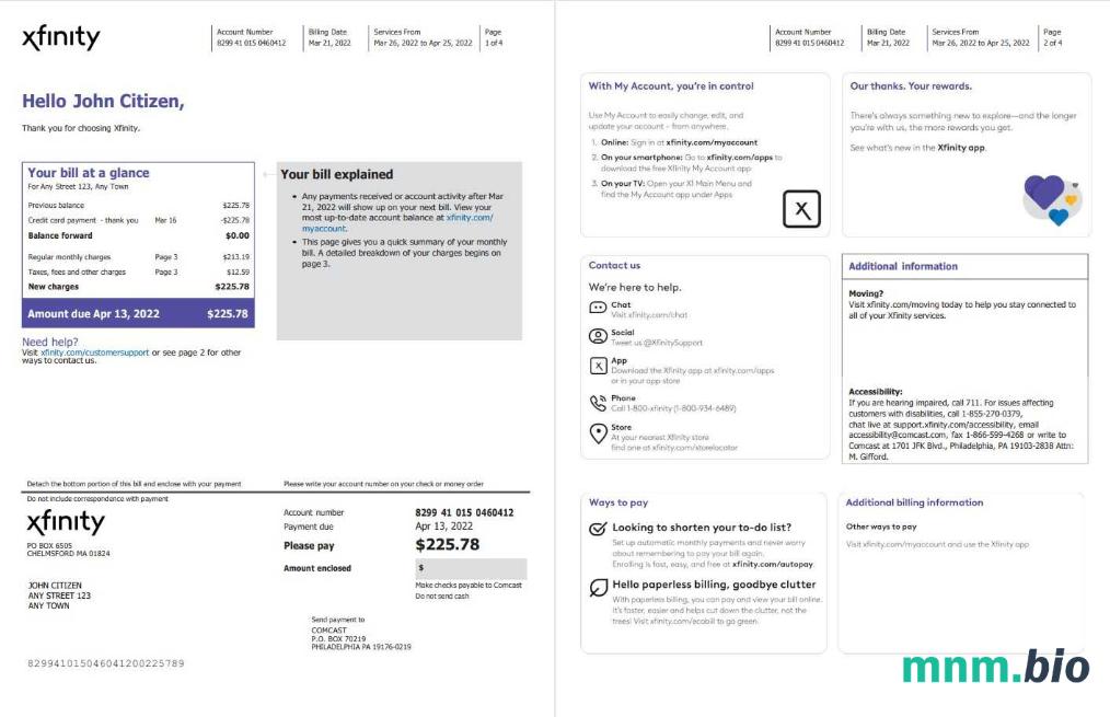 USA Philadelphia Xfinity rachunek za media Word i szablon PDF, 4 Strony 1 2